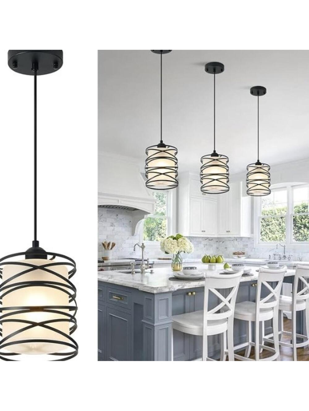 Modern Mini Pendant Light Fixture 3-Pack Black Spiral Cage Frosted Seeded Shades